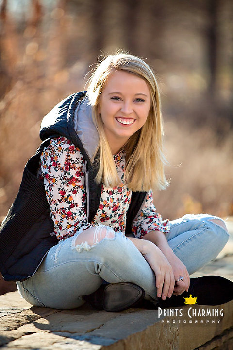 McKinsey high school senior portraits outdoors sitting on stone wall by brown grasses McKR_5474