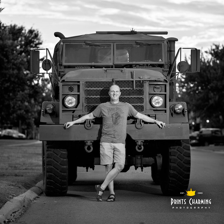 Scott with 5-ton truck black & white portrait