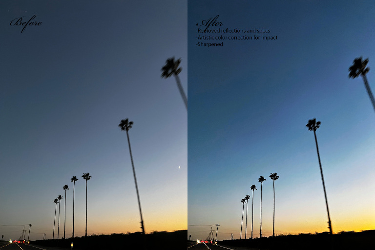 before and after photo of a California sunset, featuring palm trees lining the street