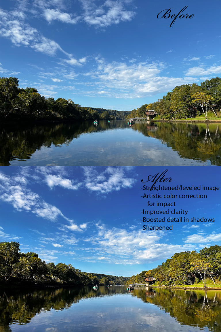 before and after photo of blue skies on the White River in Arkansas