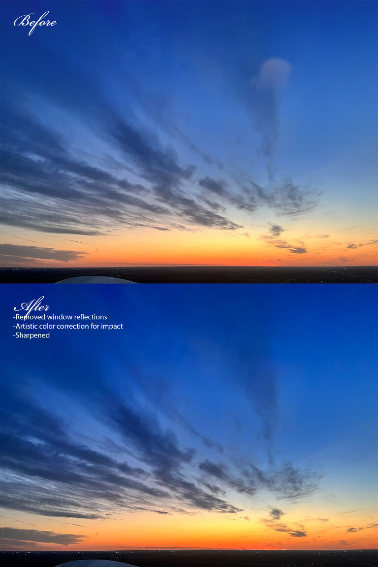 before and after photo of sunset from a small airplane