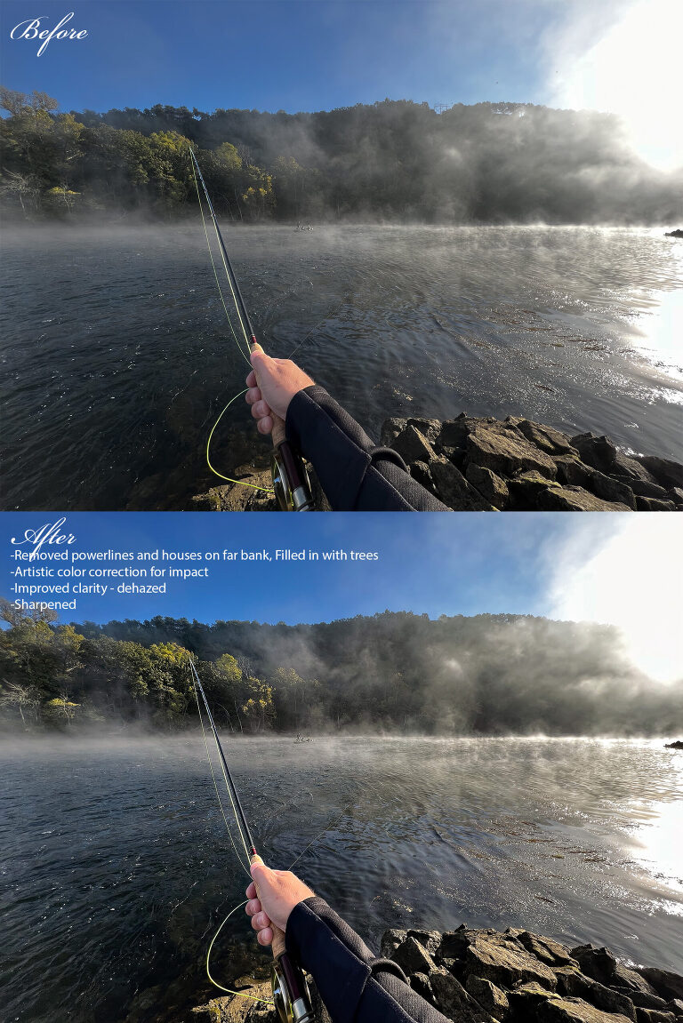Before and after photo of 1st person POV fly fishing in the morning on the misty White River in Arkansas.