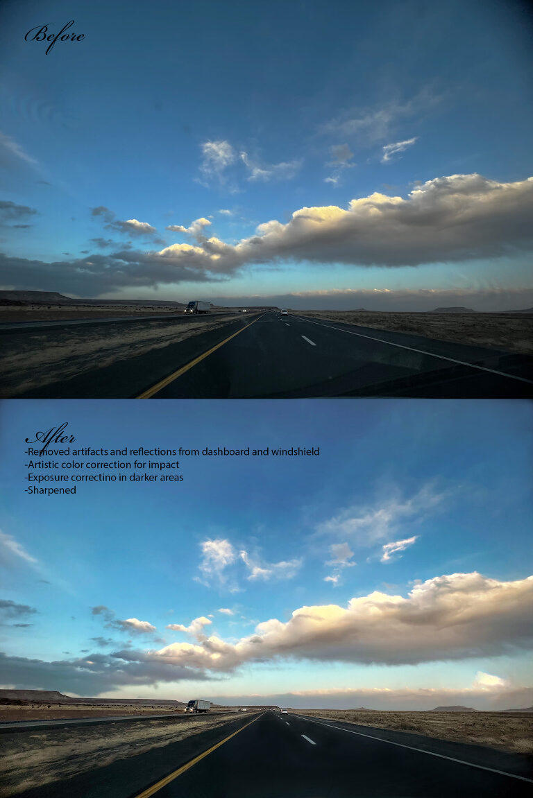 before and after photo of sunrise or sunset on an interstate road trip in the US Southwest.