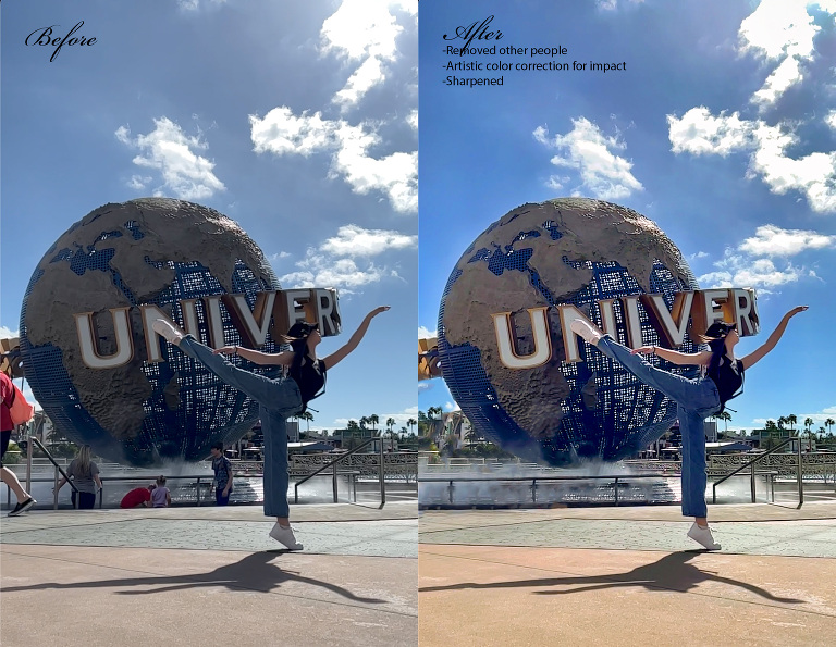 Before and after photo of a dancer on pointe in front of the Universal Studios globe at the amusement theme park.